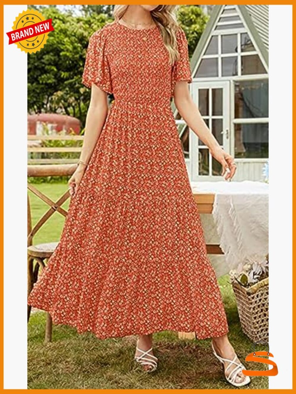 Flutter Short Sleeve Smocked Tiered Maxi Dress Boho Floral Casual Summer - Picture 5 of 7